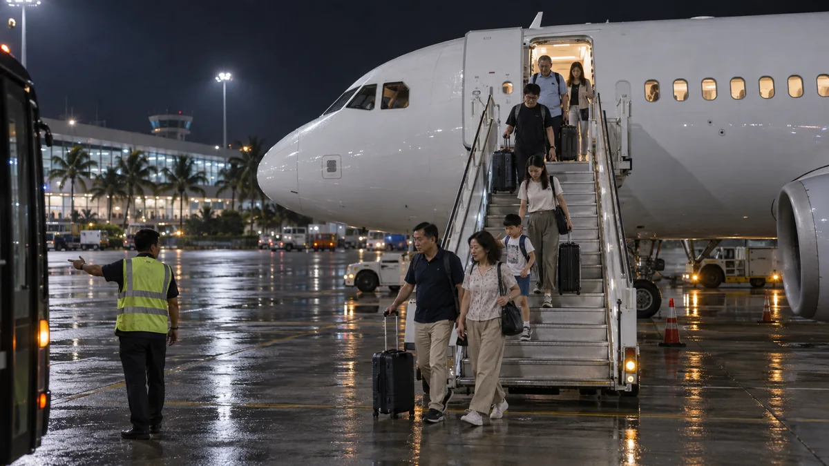 深夜のフーコック空港に到着し航空機を降りる成都線の旅行者