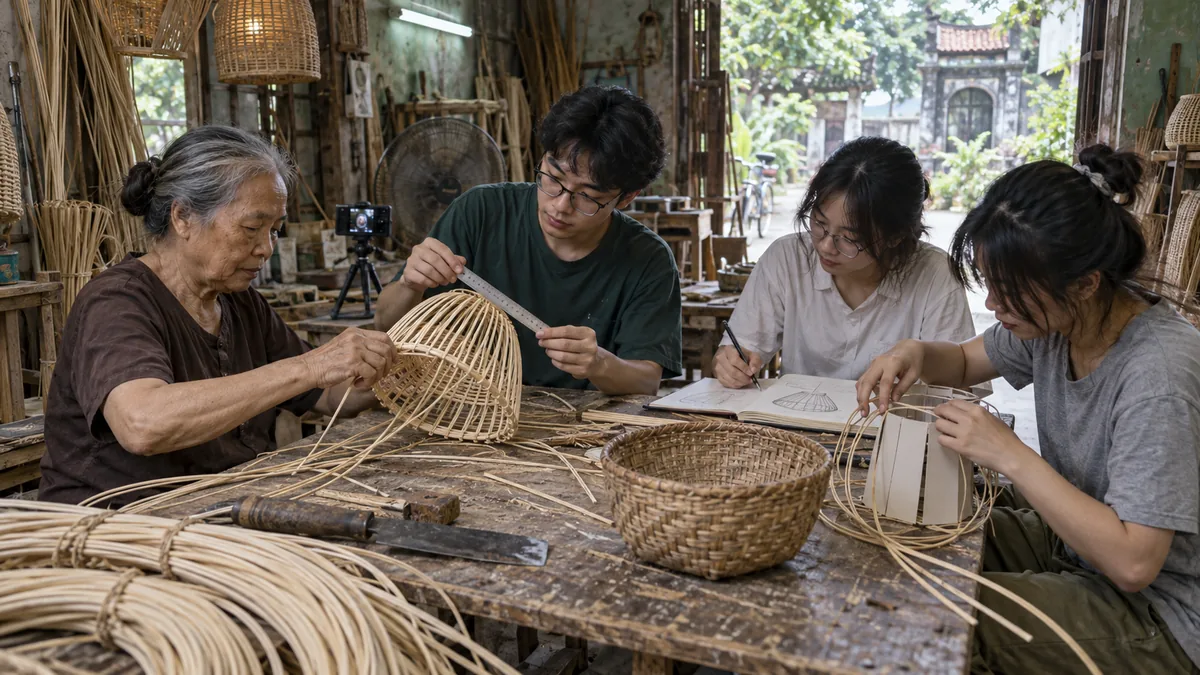 フーヴィン村の籐竹工房で職人と試作品を作る学生たち