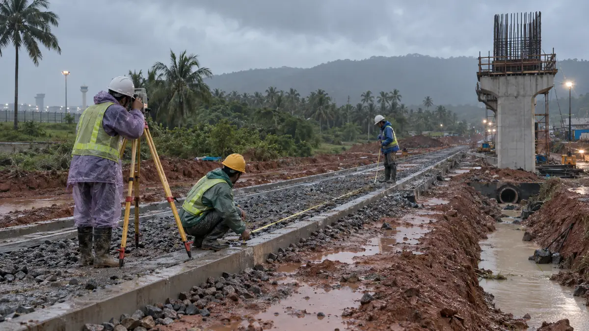 雨季のフーコック島でライトレール路盤を測量する作業員