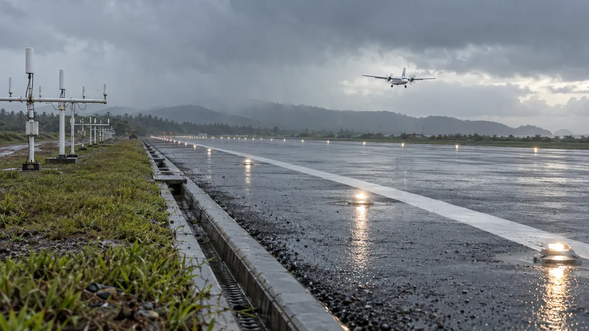 雨のフーコック空港で校正機を迎える新滑走路と着陸支援設備
