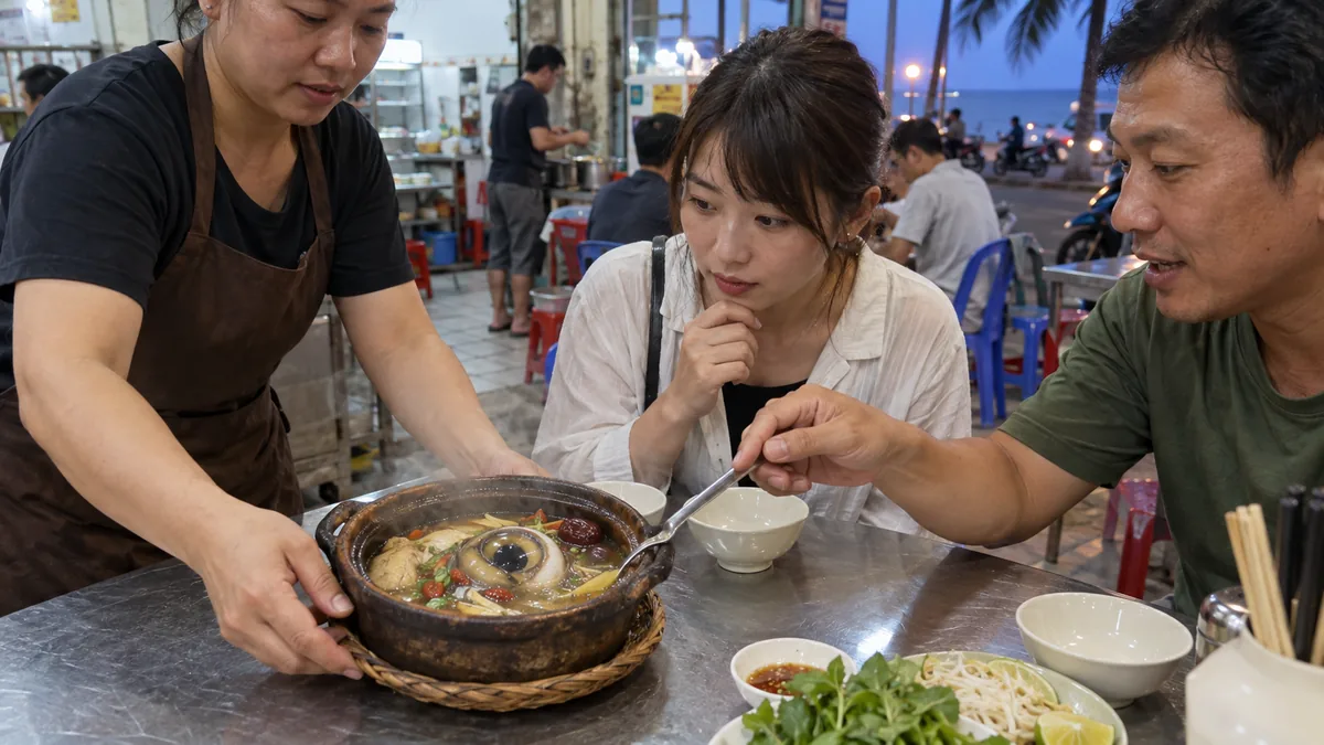 トゥイホアの食堂で漢方仕立てのマグロ目玉煮を見る旅行者