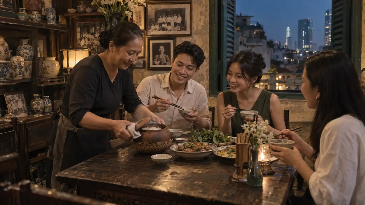 ホーチミンの懐古的な店内で土鍋ご飯を囲む若者と給仕するスタッフ