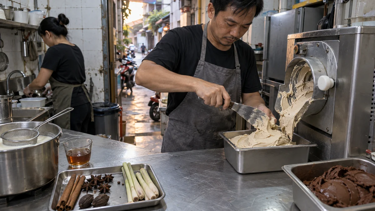 ホーチミンの小さな厨房で香辛料入りの食事系ジェラートを仕込む店主
