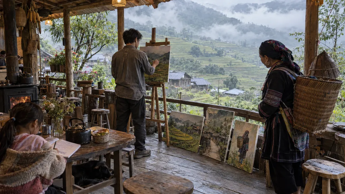 サパの棚田を望む村のホームステイで絵を描き、地元住民に作品を見せる若い画家