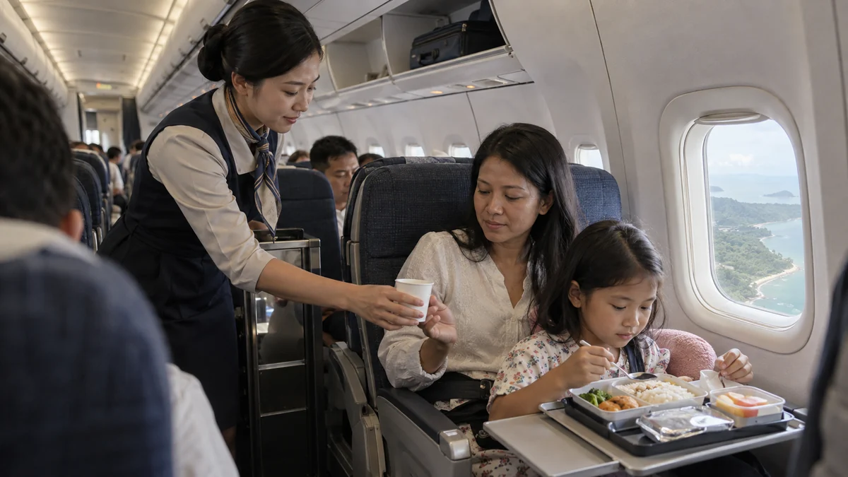 シンガポールからフーコックへ向かう機内で食事を取る親子