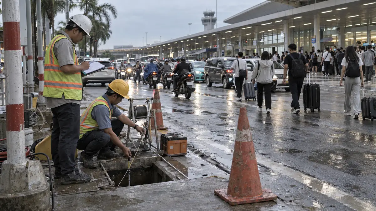 雨上がりのタンソンニャット空港前で地下鉄6号線の地盤調査を行う技術者