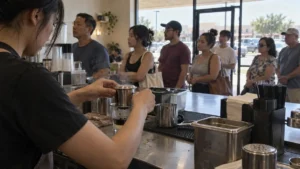 テキサスのベトナムコーヒー店でフィンを準備し行列に対応する店員