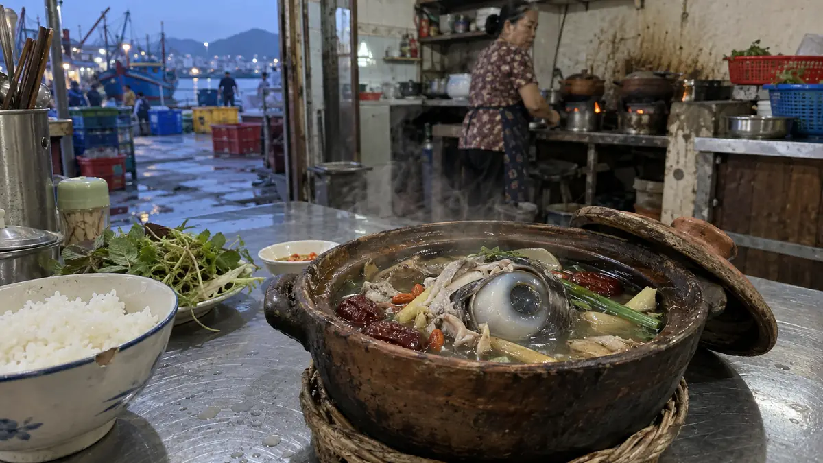トゥイホアの港近くの食堂で土鍋に盛られたマグロの目玉の薬膳煮込み
