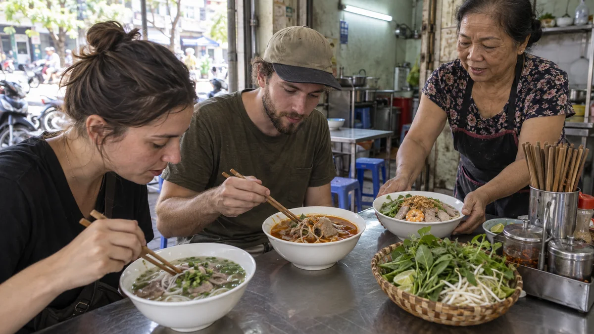 ベトナムの食堂で北部・中部・南部の麺料理を食べ比べる旅行者