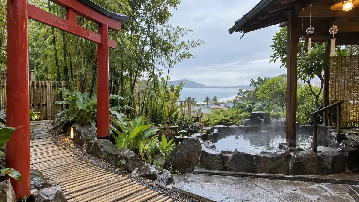 クイニョンの海を望む赤い鳥居と竹の小径に囲まれた露天風呂